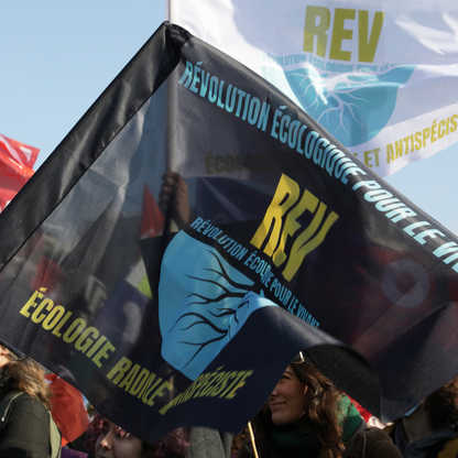 Drapeau noir de la REV en manifestation